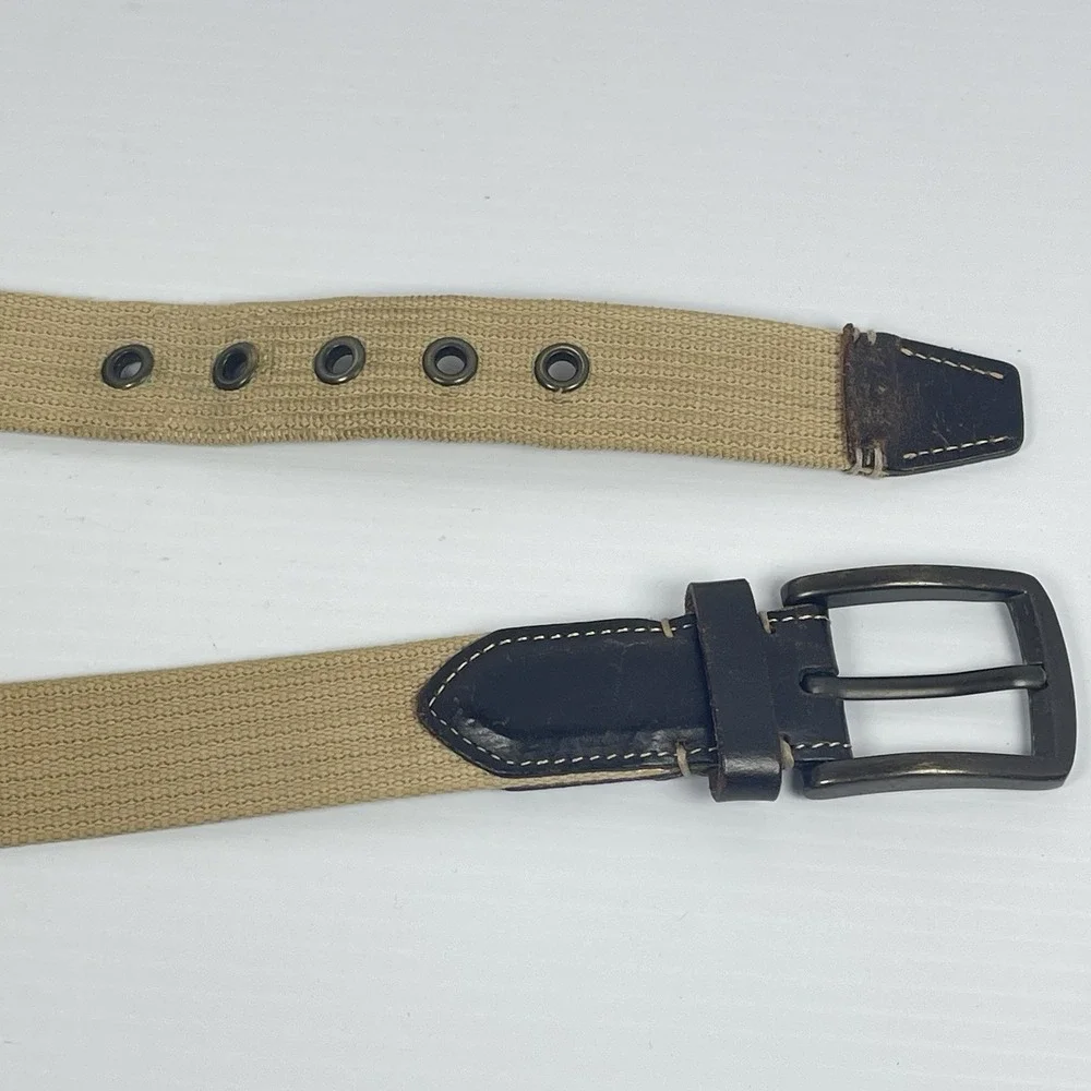 Fossil Utility Woven Cloth Belt‎ Size 40 Men's Beige Tan Brown Leather Accent